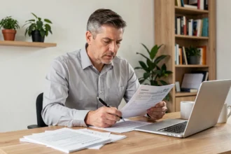 Propriétaire non-occupant comparant des offres d'assurance habitation PNO sur ordinateur portable avec des documents imprimés