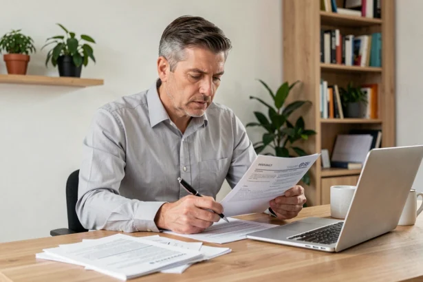 Propriétaire non-occupant comparant des offres d'assurance habitation PNO sur ordinateur portable avec des documents imprimés