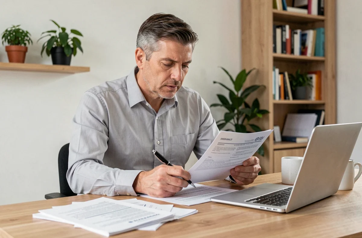 Propriétaire non-occupant comparant des offres d'assurance habitation PNO sur ordinateur portable avec des documents imprimés