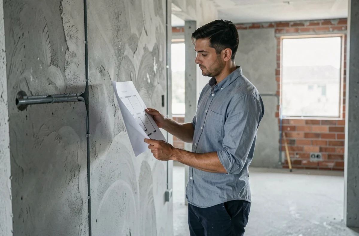 Concept Constructions : chef de projet examinant les plans d'une maison individuelle en cours de construction en Eure-et-Loir