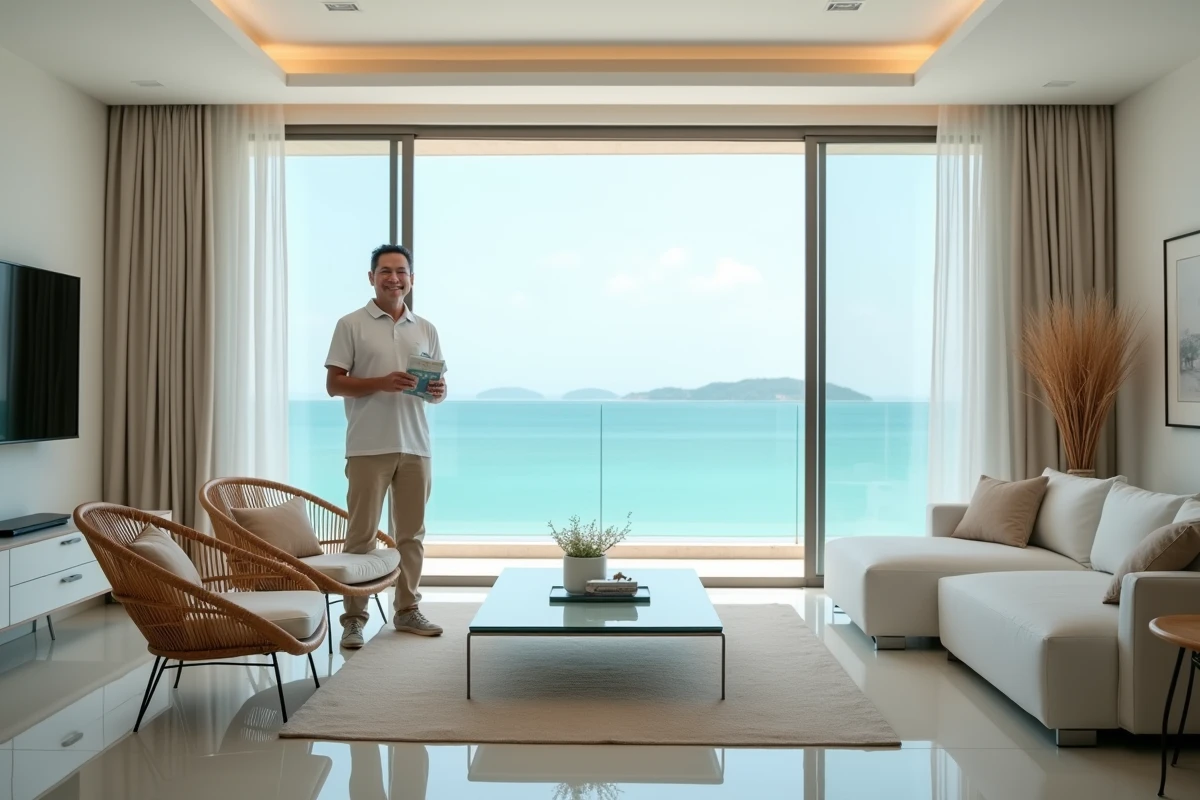 Intérieur d'un condominium de luxe à Phuket avec vue sur la mer d'Andaman et agent immobilier thaïlandais