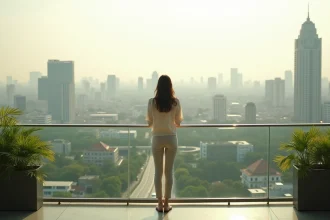 Femme thaïlandaise sur le rooftop d'un condominium moderne à Bangkok avec vue sur les gratte-ciels de la ville