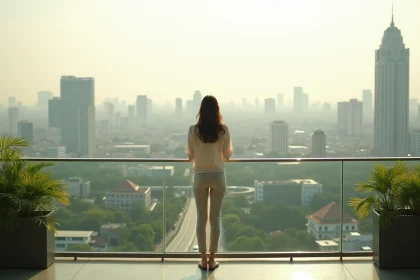 Femme thaïlandaise sur le rooftop d'un condominium moderne à Bangkok avec vue sur les gratte-ciels de la ville