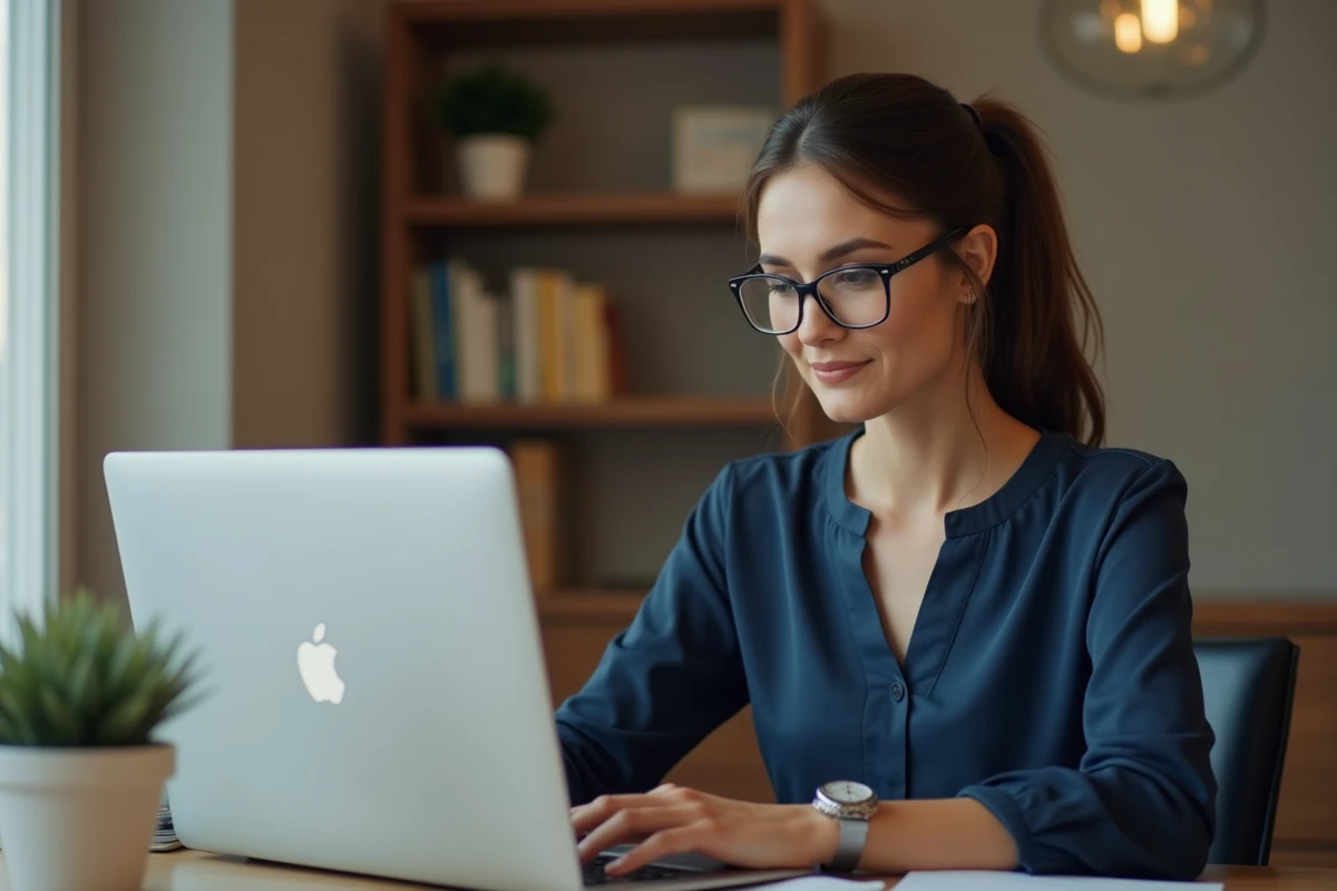 Femme professionnelle se connectant à un portail de gestion de réservations immobilières sur son ordinateur portable dans un bureau à domicile