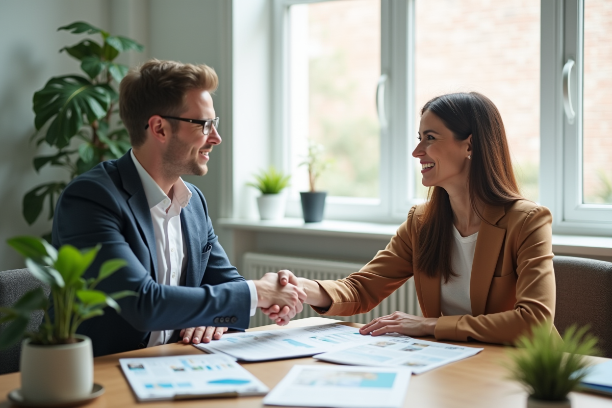 Conseiller financier serrant la main d un couple avec documents