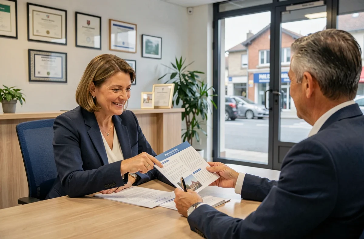 Conseillère en assurance habitation présentant une offre à un client dans une agence de Tarbes
