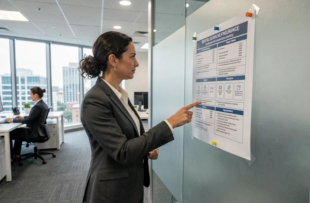 Conseillère immobilière présentant un comparatif d'assurances loyer impayé pour propriétaires multi-biens dans une agence moderne