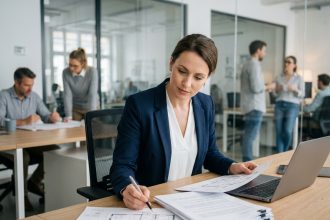 Conseillère immobilière professionnelle analysant des documents de propriété dans un bureau moderne
