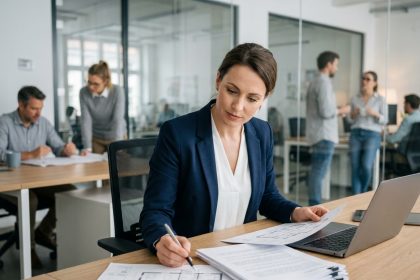 Conseillère immobilière professionnelle analysant des documents de propriété dans un bureau moderne