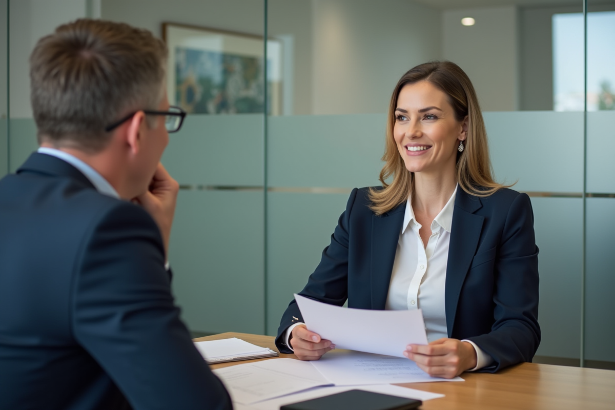 Conseillère en prêt immobilier expliquant des documents à un client