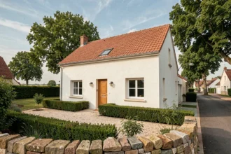 Maison individuelle neuve en Eure-et-Loir avec façade blanche et toiture en tuiles, illustrant le marché de la construction dans la région