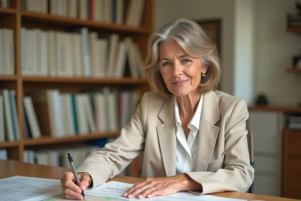 Femme consultant des documents cadastraux et registres fonciers dans un bureau de notaire pour identifier le propriétaire d'une parcelle