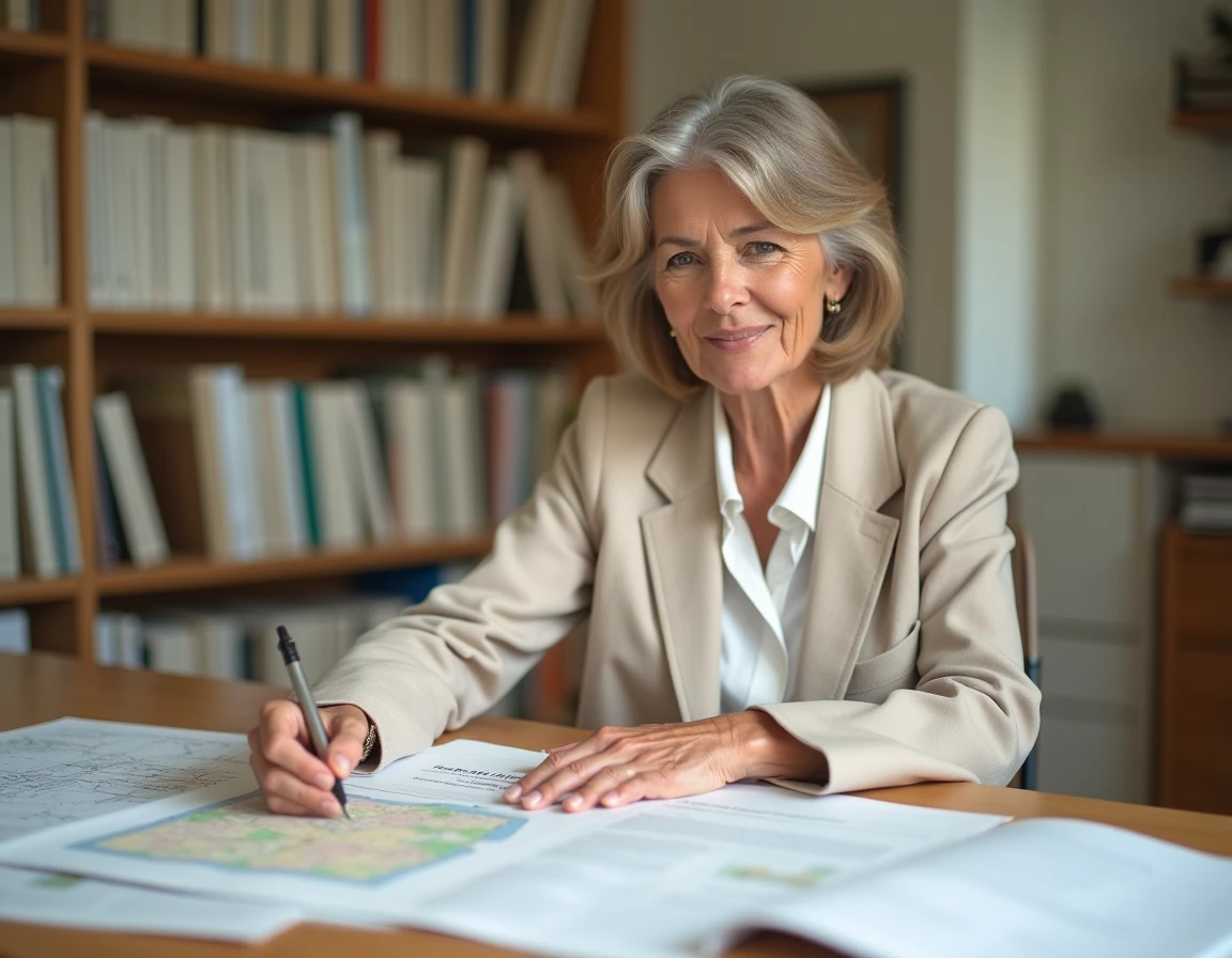 Femme consultant des documents cadastraux et registres fonciers dans un bureau de notaire pour identifier le propriétaire d'une parcelle