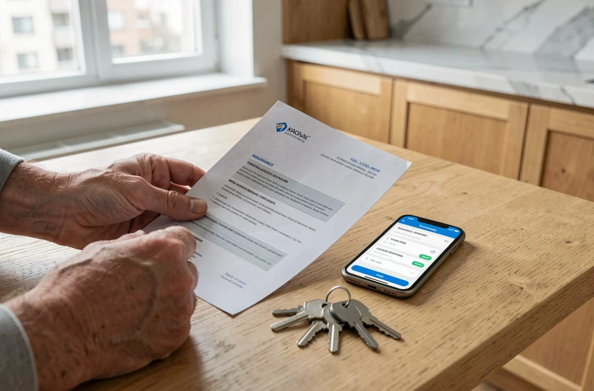 Mains tenant un contrat d'assurance habitation PNO et un smartphone avec comparateur à côté de clés de logement sur une table