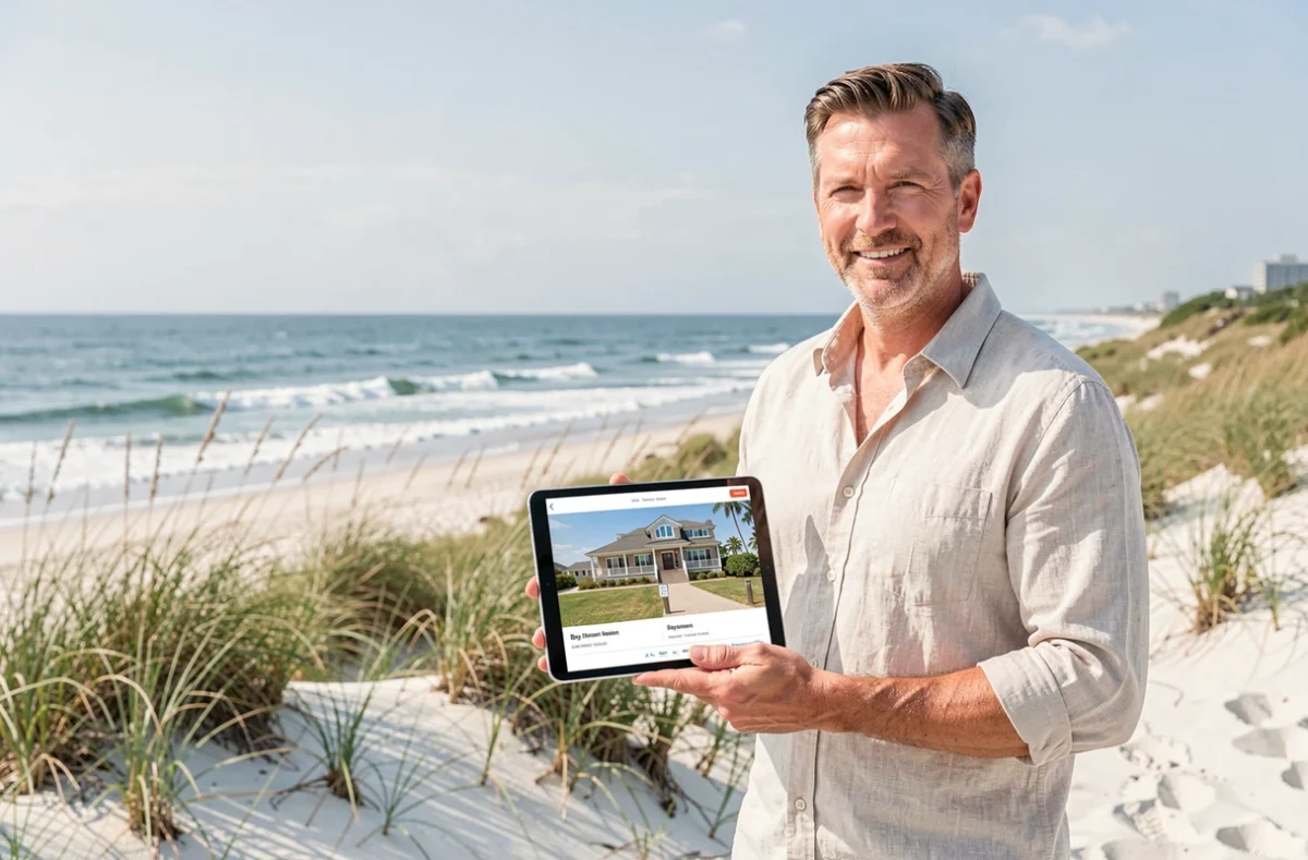 Agent de Côte Ouest Immobilier tenant une tablette avec des annonces locatives devant la côte atlantique basque