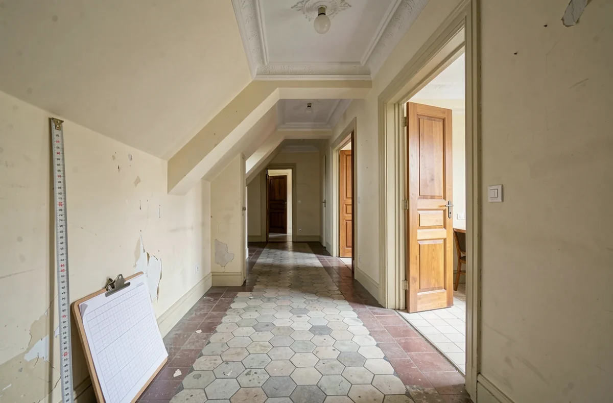 Vue grand angle d'un couloir d'appartement en copropriété avec zones sous plafond bas illustrant le calcul de la surface loi Carrez