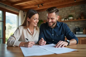 Couple examinant des documents notariaux pour l'achat d'un appartement en Andorre, régime matrimonial