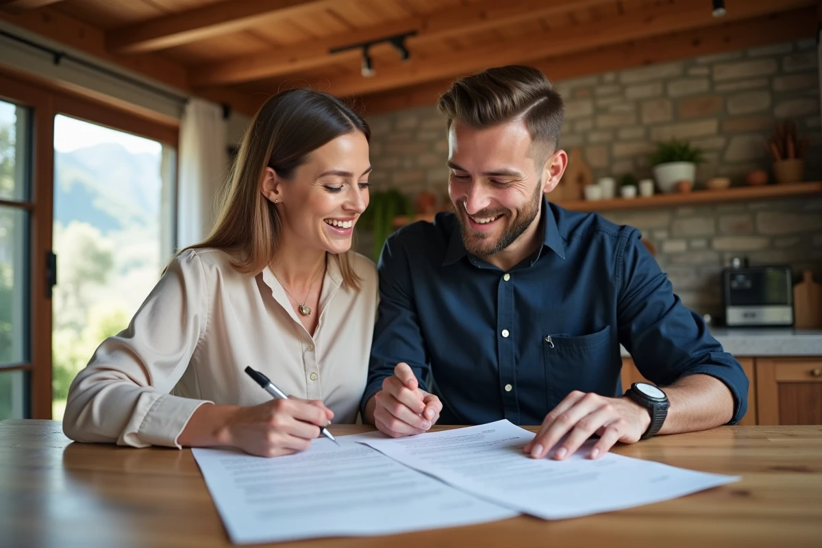Couple examinant des documents notariaux pour l'achat d'un appartement en Andorre, régime matrimonial