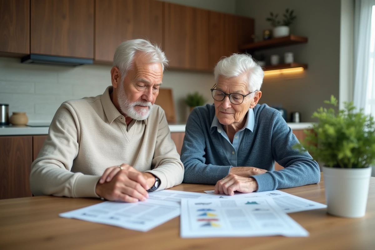 Vieux couple examinant des papiers immobiliers à la cuisine