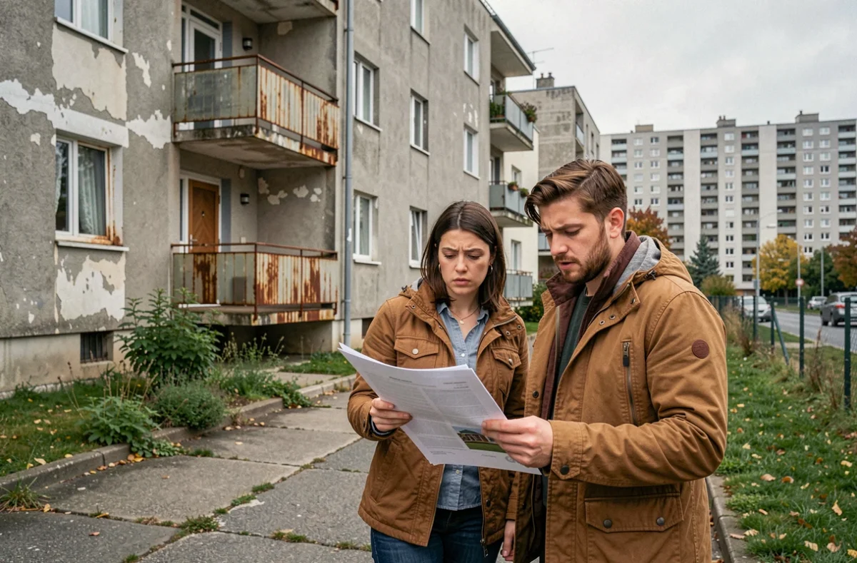 Couple hésitant devant un immeuble vétuste dans un quartier défavorisé de Rennes, tenant des documents immobiliers