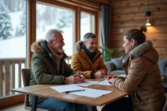 Couple avec agent immobilier dans un bureau moderne enneigé