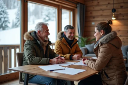 Couple avec agent immobilier dans un bureau moderne enneigé