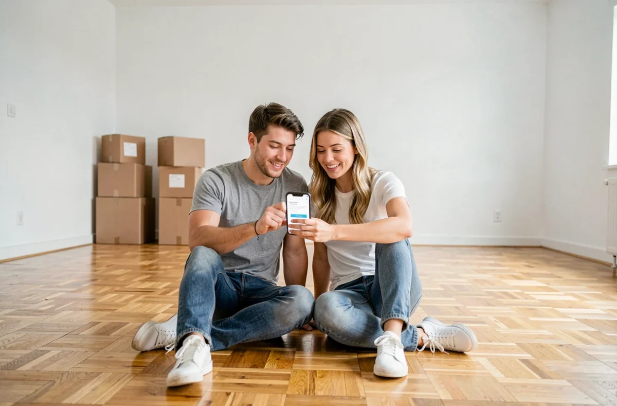 Jeune couple souscrivant une assurance habitation en ligne depuis leur nouvel appartement vide