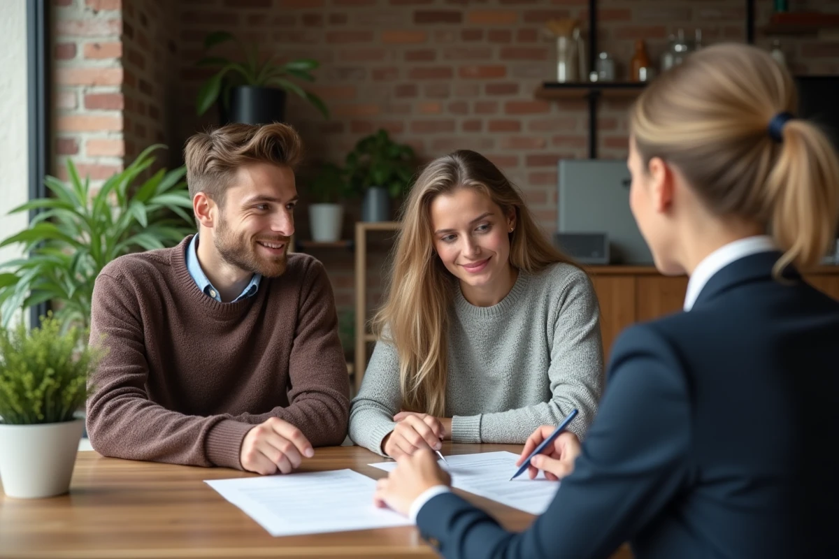 Jeune couple discutant avec un notaire dans leur salon moderne