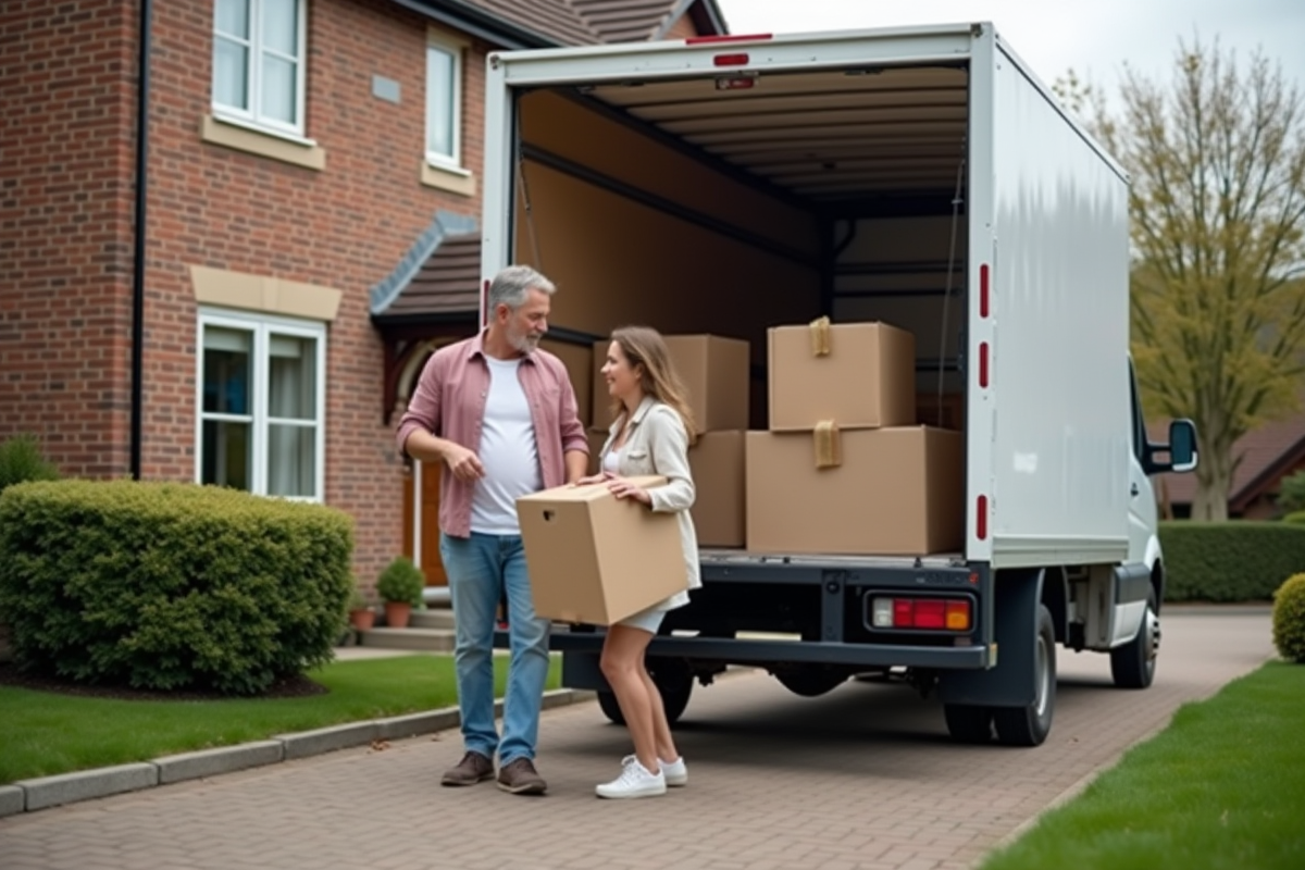 Couple chargeant des cartons devant une maison en move