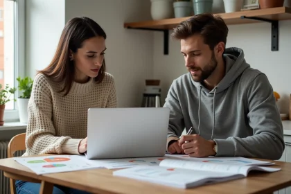 Couple comparant les options achat et location face à la hausse des loyers en 2026 autour d'une table avec documents immobiliers