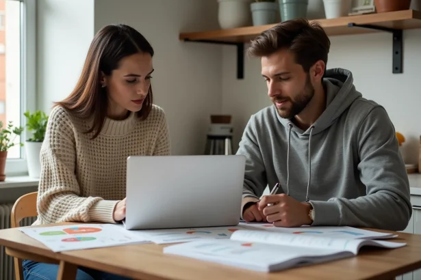 Couple comparant les options achat et location face à la hausse des loyers en 2026 autour d'une table avec documents immobiliers