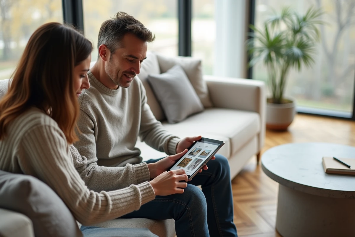 Couple consultant un outil de comparaison immobilière sur tablette dans un salon moderne