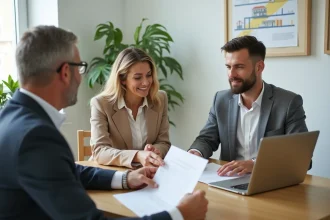 Couple en réunion avec un conseiller bancaire CASDEN pour discuter des taux immobiliers en 2026