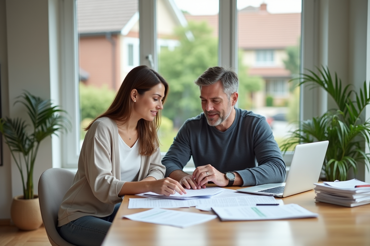 Couple d'adultes examinant des documents de prêt immobilier
