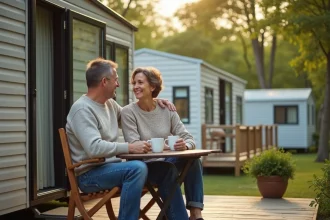 Couple souriant sur la terrasse d’un mobile home en camping