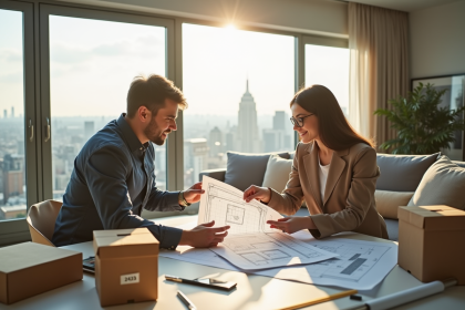 Jeune couple professionnel discutant de plans architecturaux dans un salon lumineux