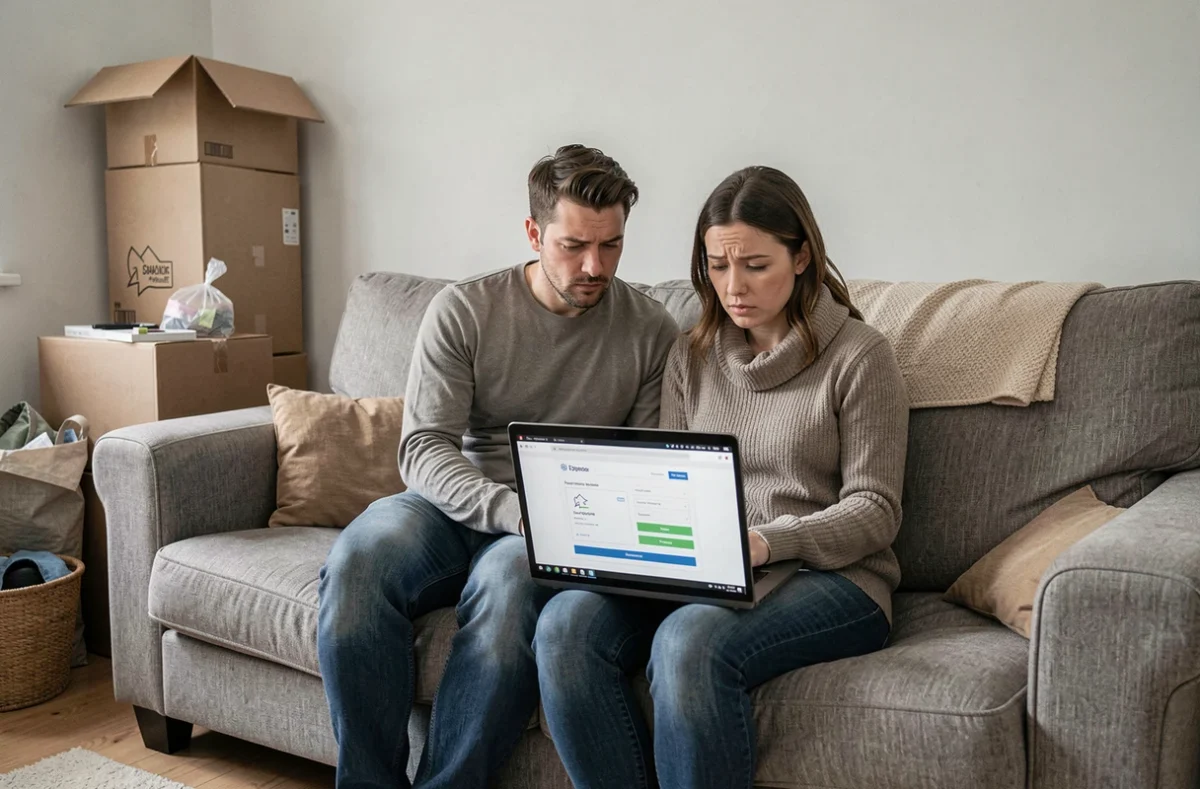 Couple consultant leur dossier de demande de logement social en ligne depuis leur appartement temporaire