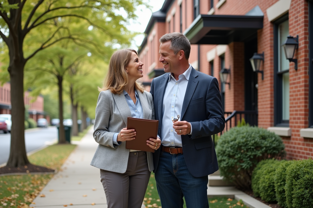 Couple heureux devant maison en brique avec clé