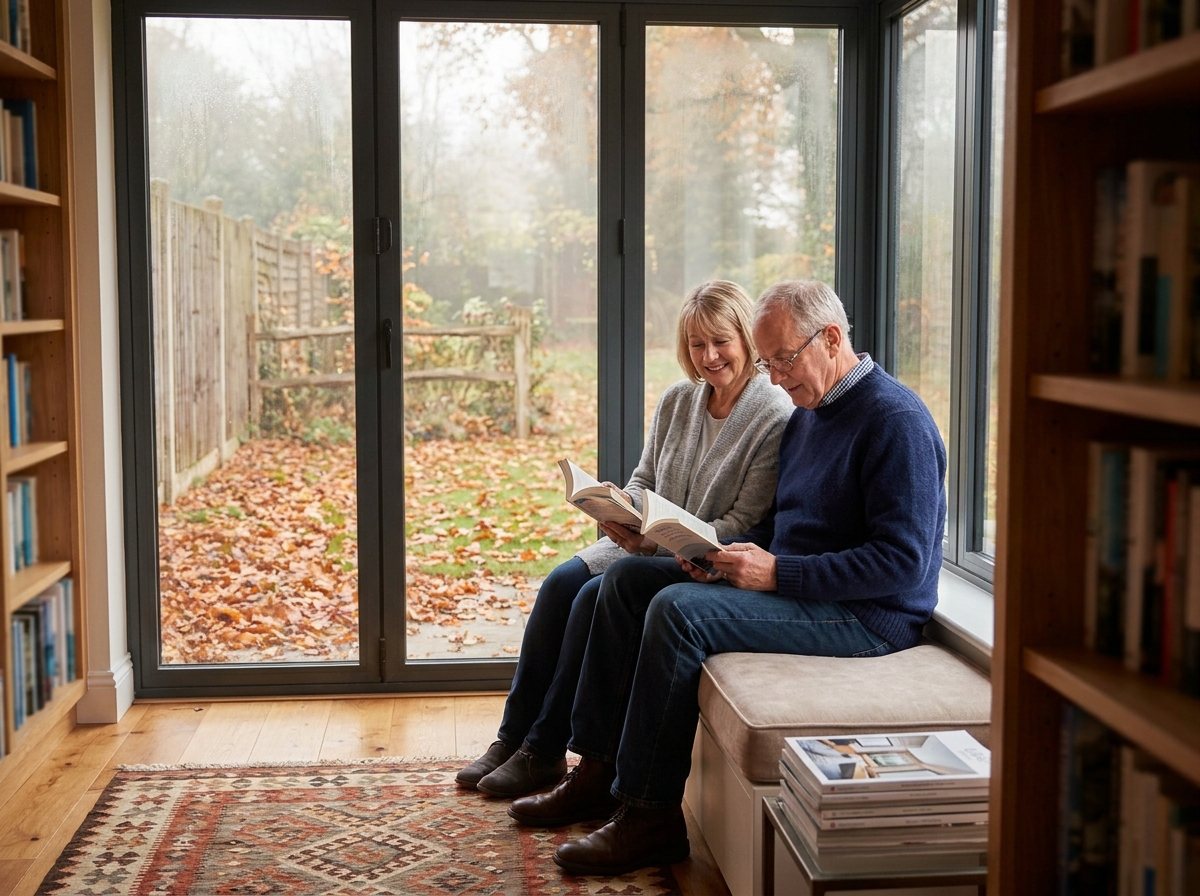 Couple de seniors lisant près d'une grande fenêtre isolante dans une pièce rénovée à l'atmosphère chaleureuse