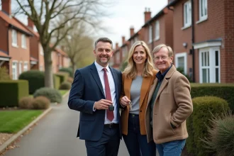 Couple souriant avec agent immobilier devant maison en brique