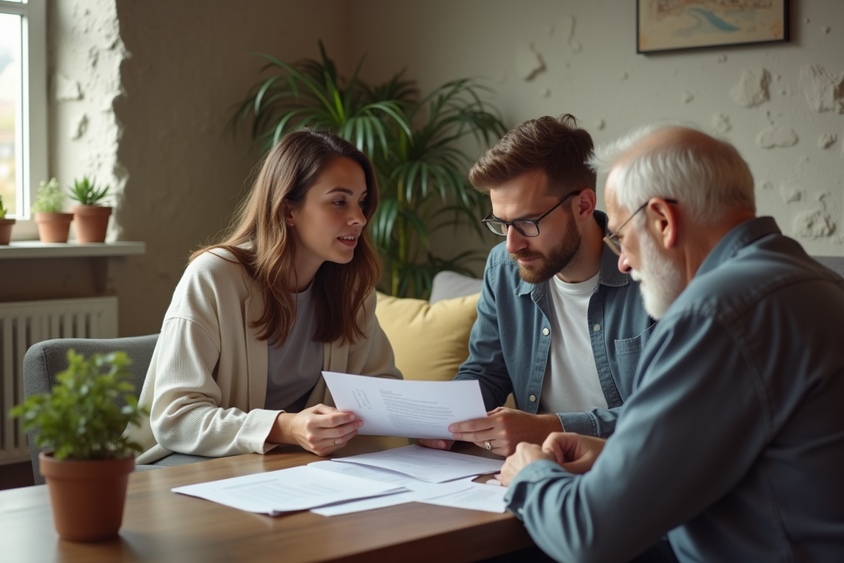 Jeune couple discutant avec un propriétaire dans un salon lumineux