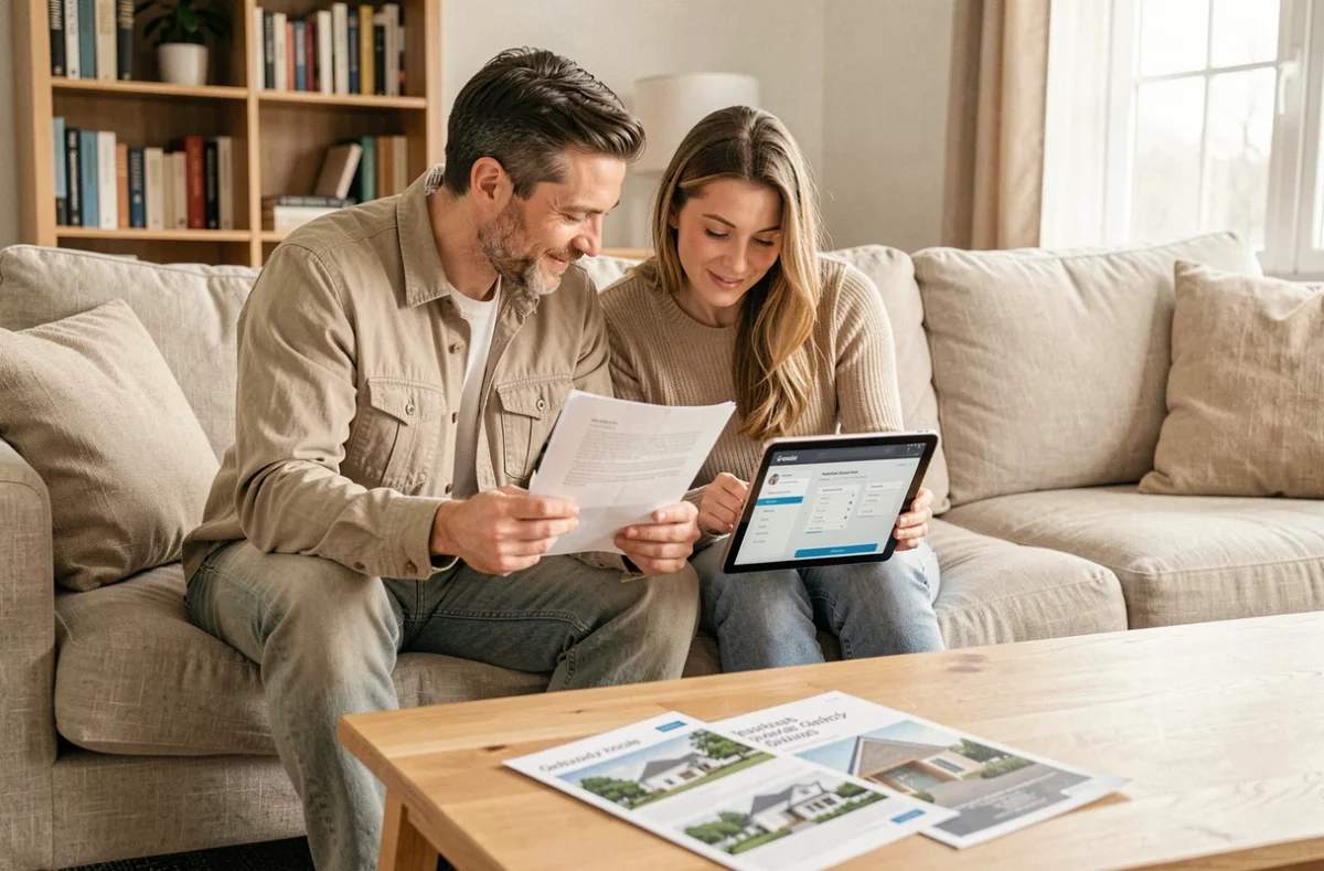 Couple de locataires gérant leur contrat de location via l'espace client Foncia sur tablette à domicile