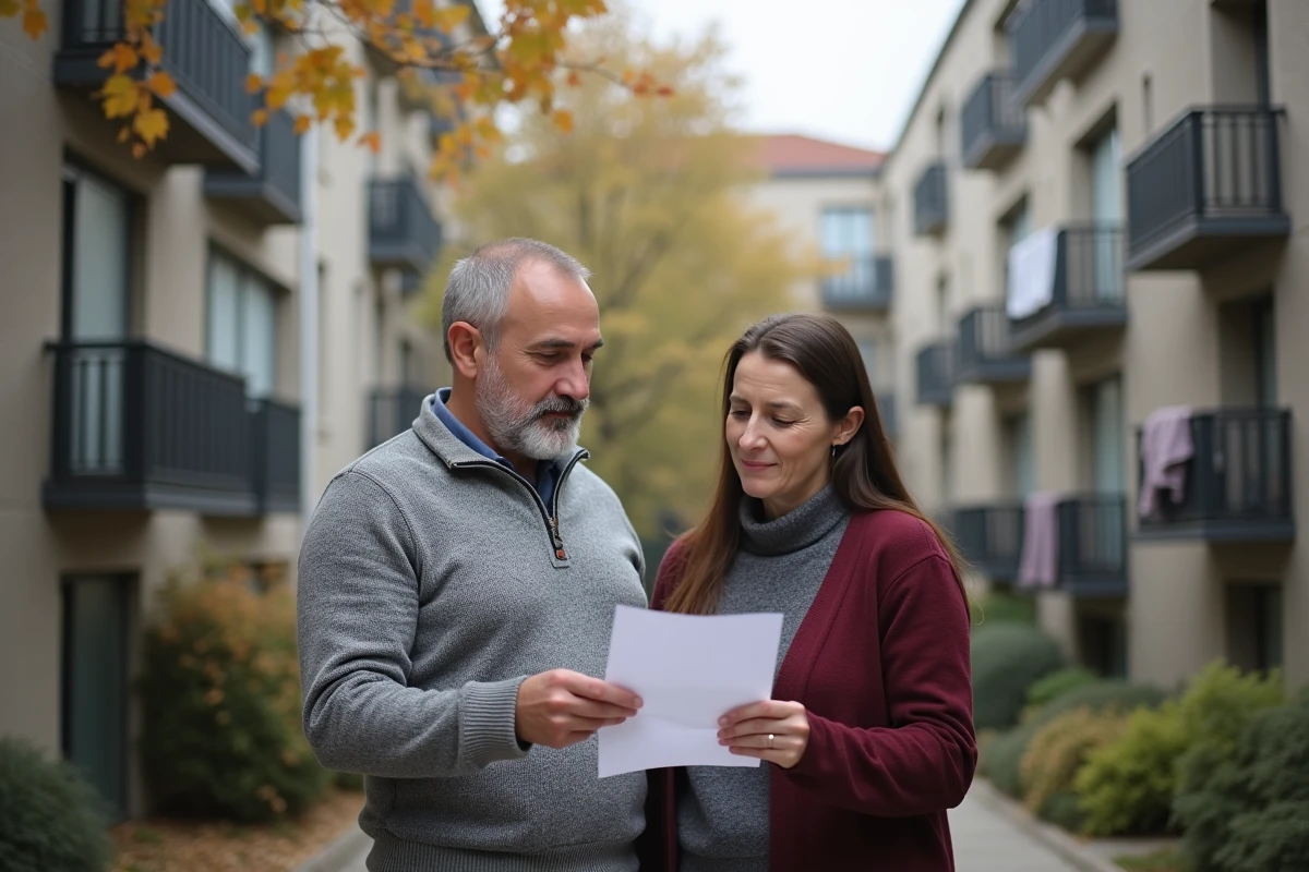 Couple consultant une lettre de logement devant un immeuble de logement social en France