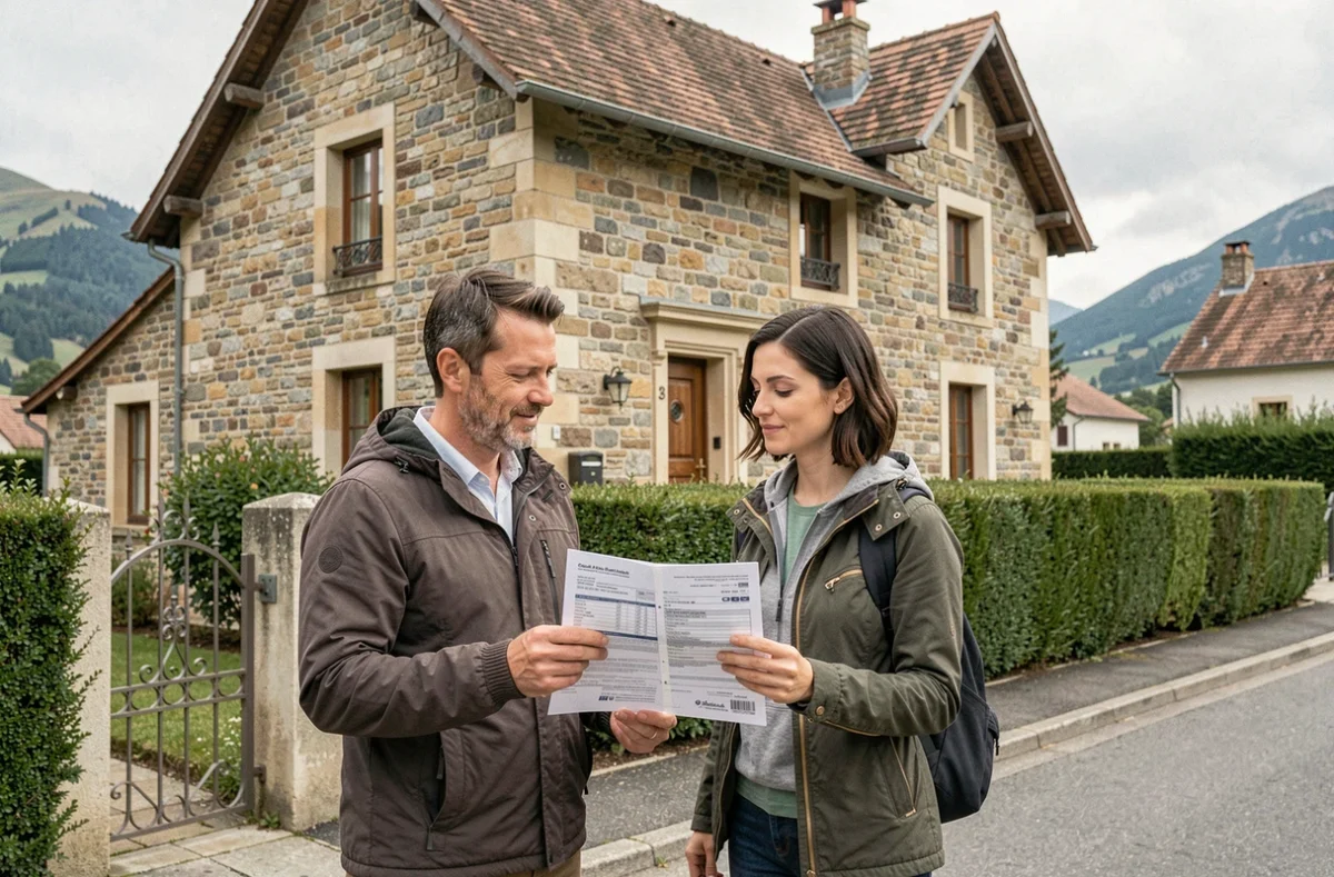 Couple devant une maison en pierre à Tarbes consultant des devis d'assurance habitation