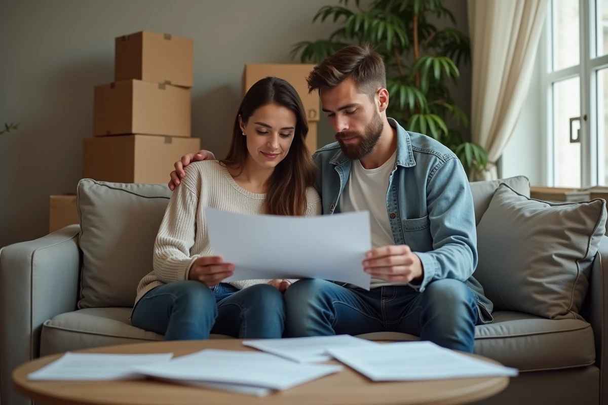 Couple consultant des documents pour préparer leur lettre de préavis avant de quitter un logement social