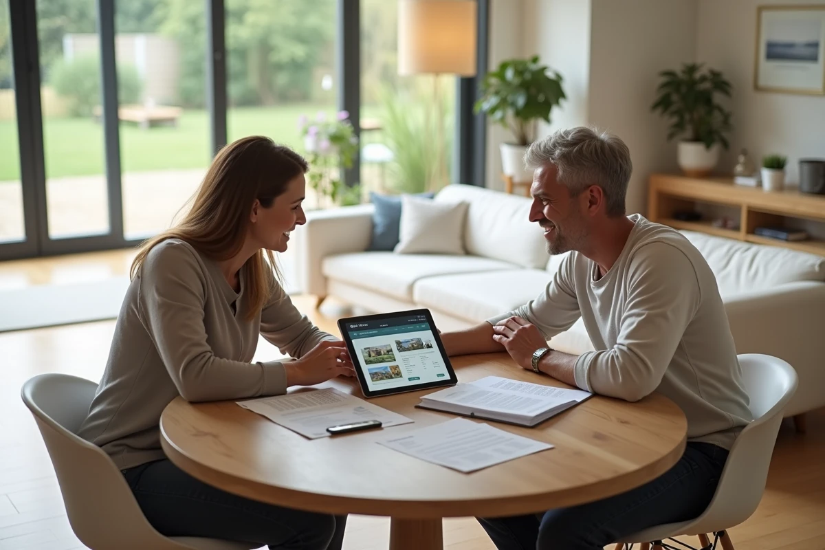 Couple de propriétaires bailleurs consultant leur portefeuille immobilier sur tablette et documents papier à domicile