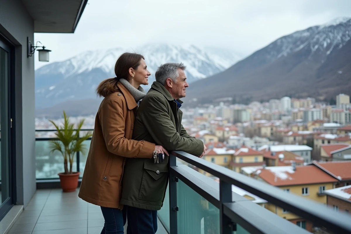 Couple de propriétaires sur le balcon de leur appartement en Andorre avec vue sur les montagnes pyrénéennes