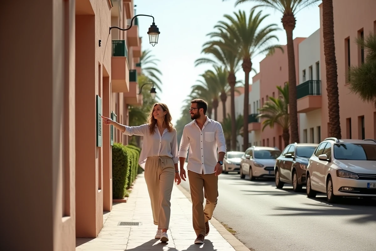 Couple visitant un immeuble résidentiel dans le quartier Guéliz de Marrakech