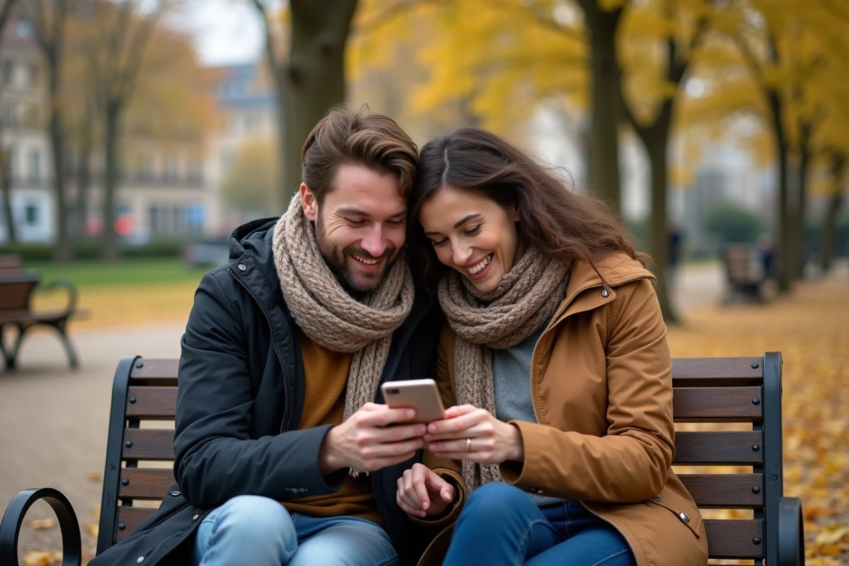 Couple consultant une carte des zones de location sur smartphone dans un parc de banlieue parisienne
