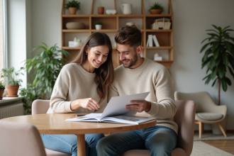 Jeune couple consulte un catalogue de meubles dans un appartement lumineux